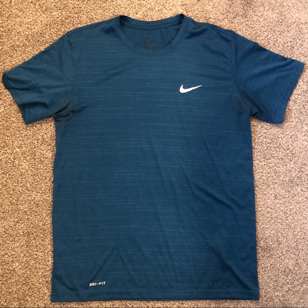 Men's Nike Dri-Fit Tee Dark Blue /Teal Size Large White Logo Crew Neck